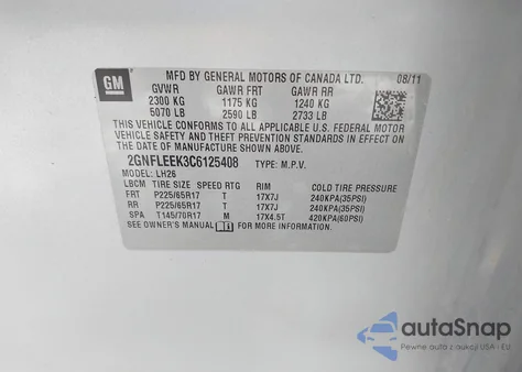 2012 Chevrolet Equinox 1Lt z USA, uszkodzony, nr VIN 2GNFLEEK3C6125408